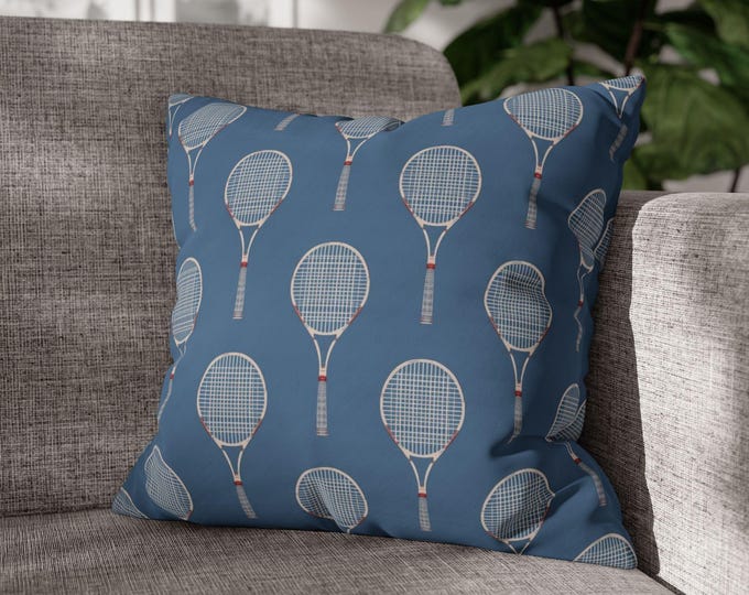 Vintage Tennis Racket Pattern Square Pillow | Blue Sports Decor | 18"x18"