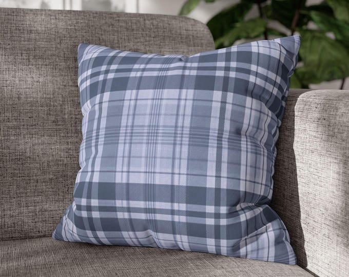 Blue Tartan Plaid Square Throw Pillow | Preppy Stripe Pattern Decorative Accent Cushion | Cozy Cottage Lodge Cabin Decor (18"x18")