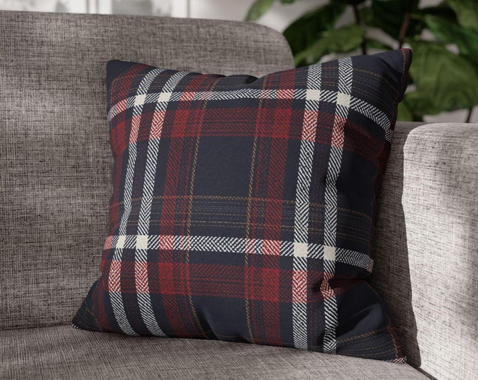 Navy Red Tartan Plaid Square Poly Canvas Throw Pillow | Cozy Preppy Striped Cabin Decor | Cabin Lodge Home Decor Accent Cushion (18"x18")