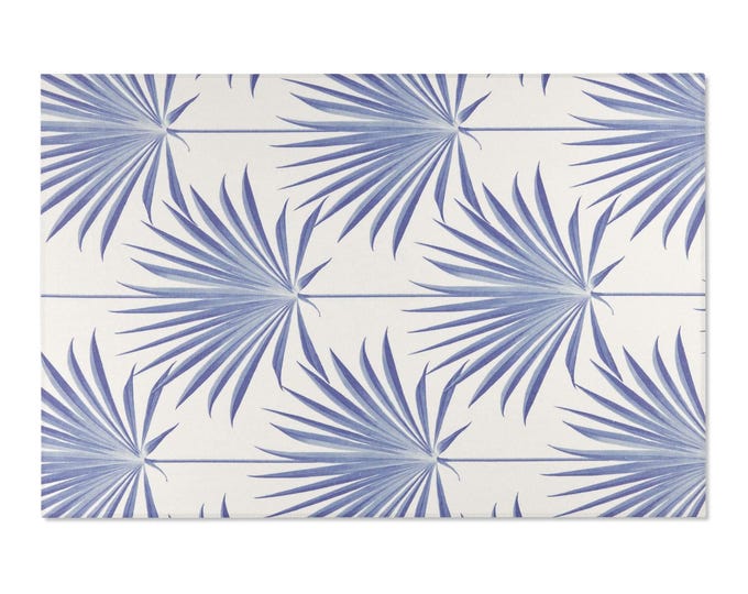Blue Palm Frond Area Rug | Coastal Tropical Leaf Pattern, Indoor Outdoor 4'x6'
