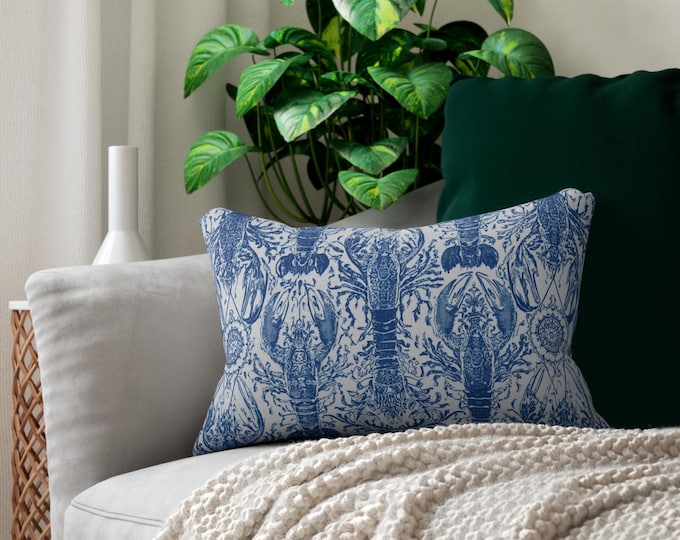 Nautical Lobster Pattern Lumbar Pillow | Blue Coastal Throw Pillow