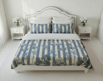 Blue Toile Stripe Cotton King Bed Duvet Cover | Vintage Cottage Pattern