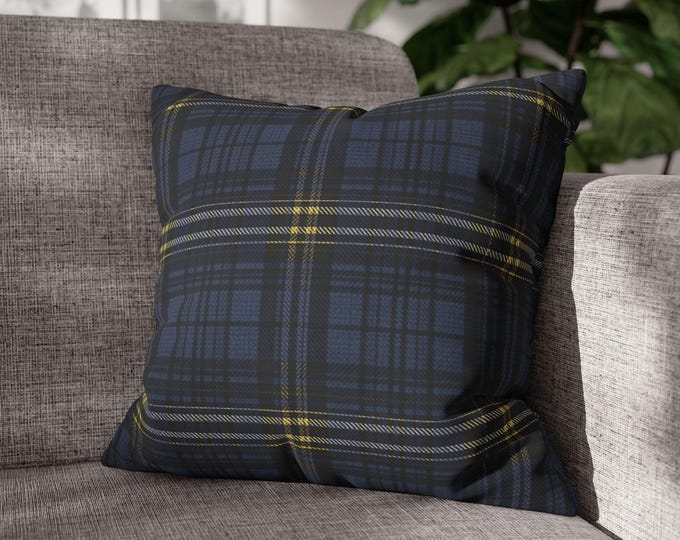 Navy Blue Tartan Plaid Square Throw Pillow |Preppy Stripe Pattern Accent Cushion | Cozy Cabin Lodge Estate Decor (18"x18")