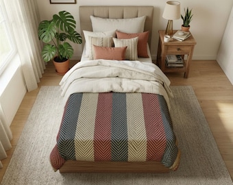 Rust Red Navy Tan Striped Herringbone Twin Bed Size Duvet Cover