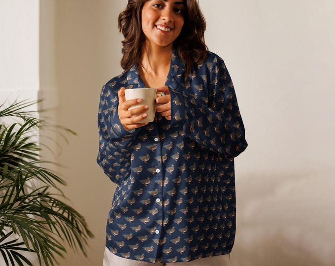 Mallard Duck Print Pajama Top | Silky Polyester Long Sleeve Loungewear