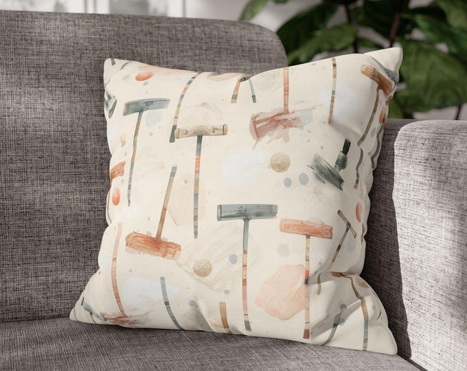 Watercolor Croquet Mallets Pattern Pillow | Square Throw Cushion, Sport Print Home Decor | 18"x18"