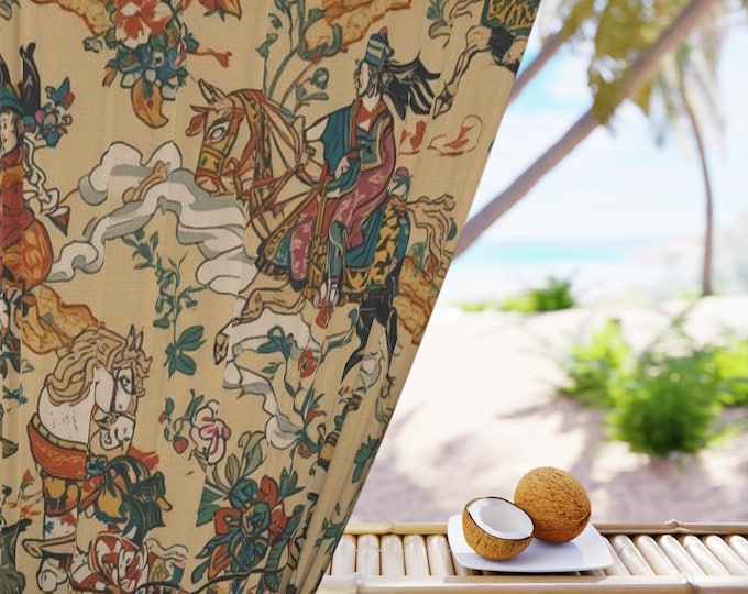 Medieval Tapestry Horsemen Window Curtain | Vintage Floral Motif