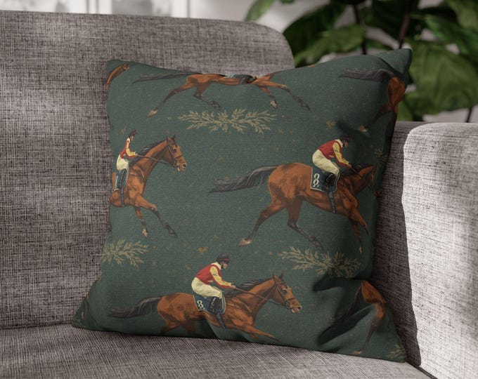 Vintage Jockey Horse Pattern Pillow | Square Poly Canvas Pillow | 18"x18"