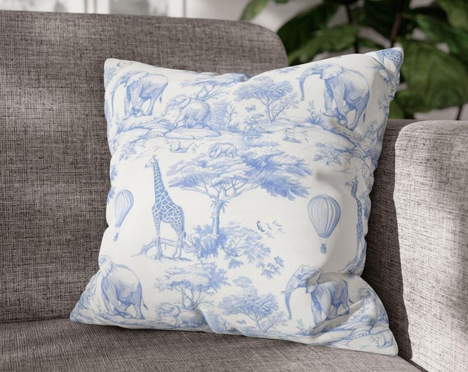 Blue and White Safari Toile Pattern Square Throw Pillow | Giraffe Elephant Hot Air Balloon Decorative Canvas Accent Cushion (18"x18")