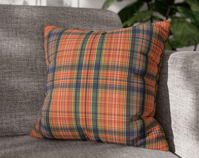 Orange and Blue Tartan Plaid Square Throw Pillow | Poly Canvas Accent Cushion | Preppy Home Decor (18"x18")