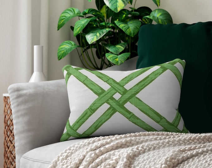 Preppy Trellis Lumbar Pillow 14x20 | Green Ivory Geometric Accent Pillow | Coastal Classic Bed Cushion