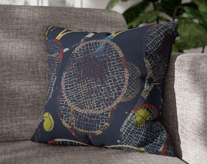 Vintage Tennis Rackets and Balls Square Pillow | Sports Home Decor | 18"x18"
