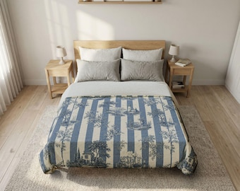 Blue Toile Stripes Full Queen Duvet Cover | Cotton Duvet Cover