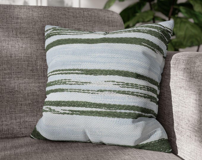 Preppy Coastal Stripe Throw Pillow Cover 18"x18" | Misty Blue & Moss Green Painterly Stripe | Neutral Maximalist Accent Cushion