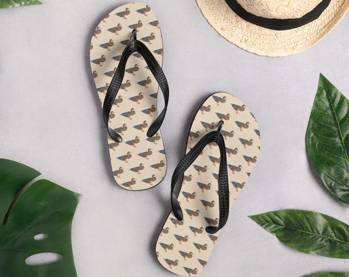 Mallard Reserve Champagne Chalet Duck Print Flip Flops | Preppy Estate Summer Slippers | Matching Family & Pet | Top Nacch Luxe
