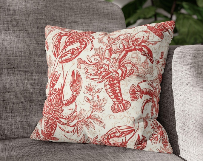 Red White Lobster Toile Pillow, Coastal Chinoiserie Nautical Decor, Hamptons Style Cushion (18"x18")