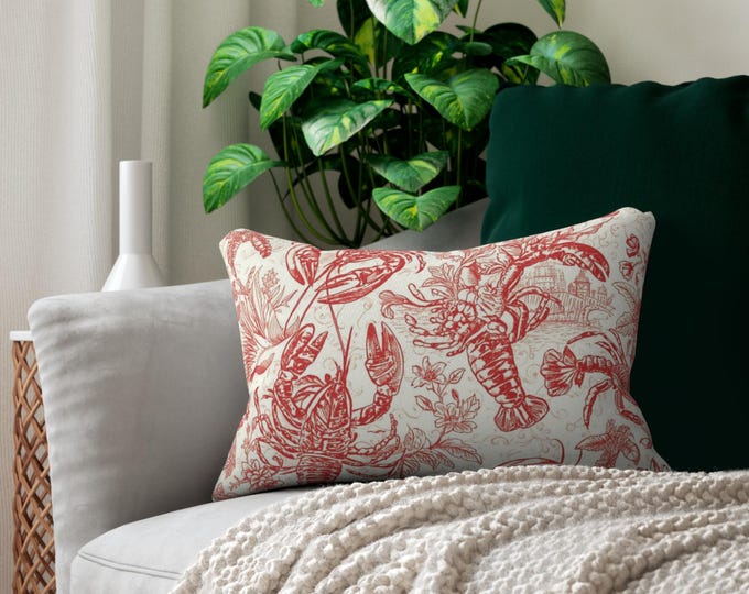 Red Lobster Toile Lumbar Pillow | Coastal Seafood Pattern, Nautical Home Decor