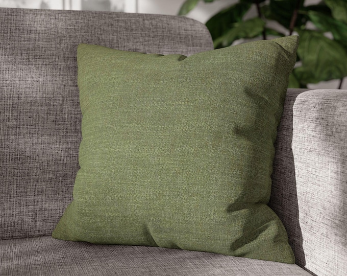Solid Olive Green Square Canvas Pillow | Cozy Linen Texture | Minimalist Preppy Decorative Accent Cushion (18"x18")