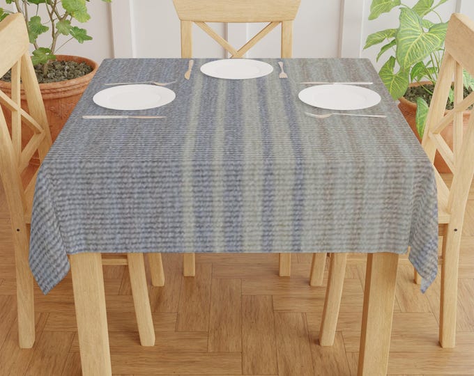Blue Gray Striped Tablecloth | Coastal Farmhouse Dining Table Cover, Rectangle or Square