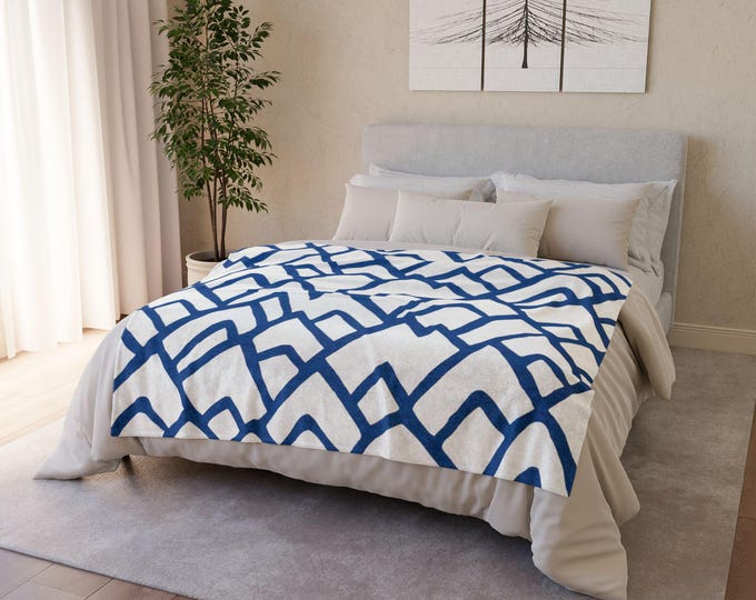 Preppy Blue Trellis Throw Blanket 50x60 | Soft Neutral Blue & White Coastal Blanket, Coordinating Home Decor