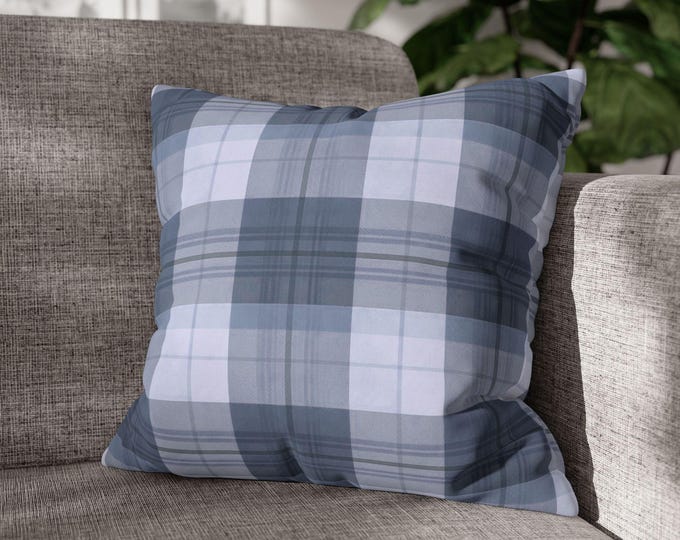 Blue Gray Tartan Plaid Square Throw Pillow | Buffalo Check Accent Cushion | Preppy Stripe Pattern | Cozy Cottage Lodge Decor (18"x18")