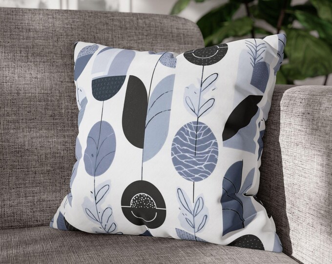 Midcentury Abstract Floral Square Throw Pillow | Retro Leaves Pattern Canvas Accent Cushion (18"x18")
