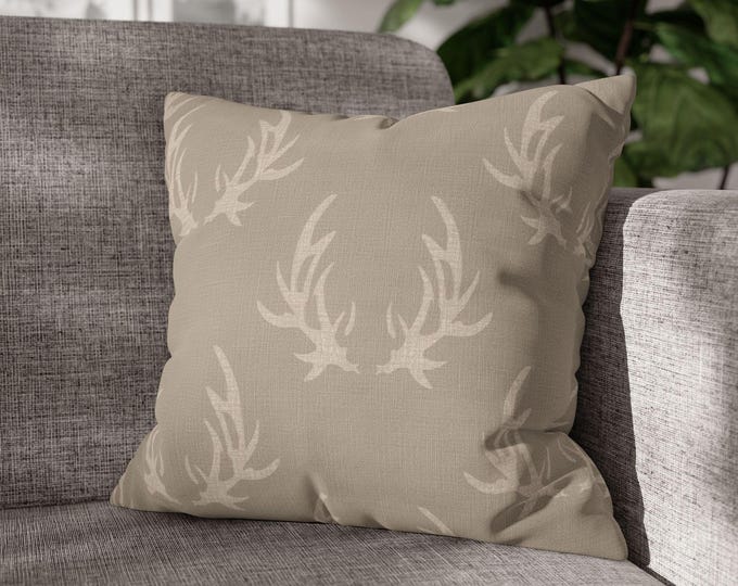 Neutral Antler Pattern Square Throw Pillow, Deer Antler Canvas Accent Cushion | Rustic Home Decor (18"x18")