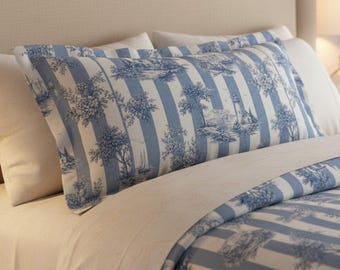Blue Toile Stripe Scenic Design King Pillow Sham | coastal cottage stripe toile pattern