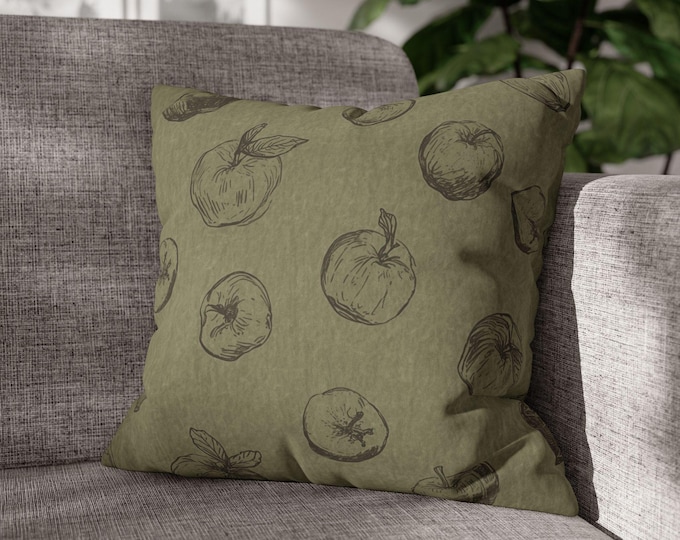 Hand-Drawn Green Apple Pattern Square Throw Pillow | Olive Sketch Fruit Canvas Accent Cushion (18"x18")