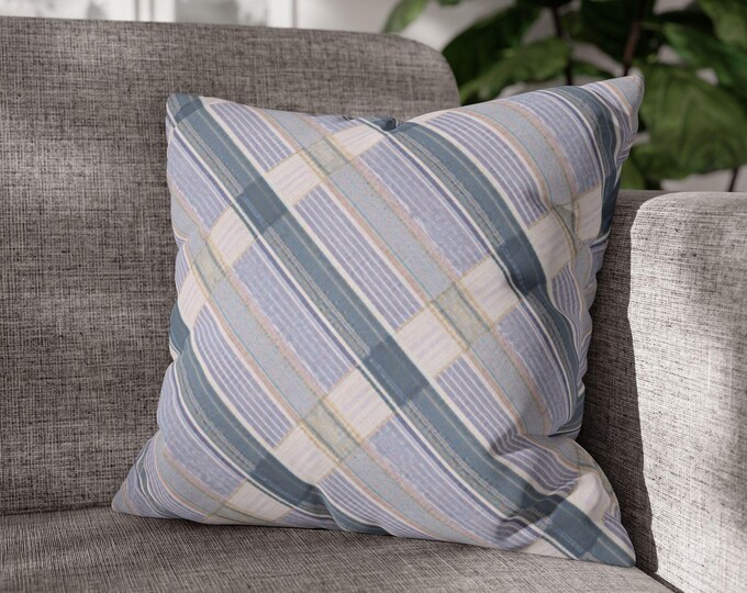 Pastel Plaid Square Poly Canvas Throw Pillow | Blue Lavender Check Cozy Accent Cushion (18"x18")