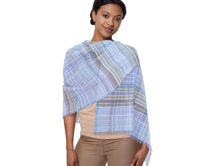 Blue Green Pastel Tartan Plaid Lightweight Fringe Neck Scarf | Preppy Stripe Luxury Shoulder Wrap | Resort Travel Accessory (27"x71")