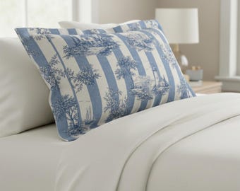 Blue Toile Coastal Scene Standard Pillow Sham | Striped Cottage Lighthouse Print