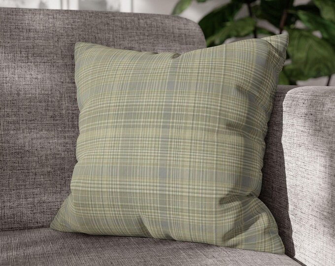 Neutral Tartan Plaid Pattern Square Poly Canvas Pillow | Green Preppy Stripe Accent Cushion | Cozy Cabin Cottage Lodge (18"x18")
