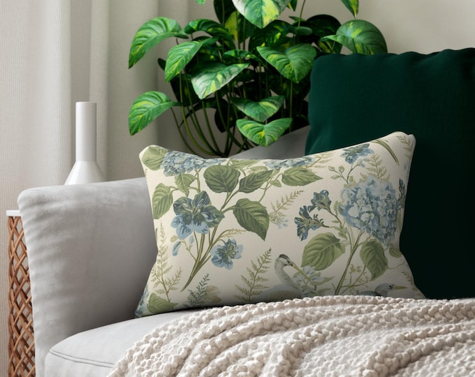 Hydrangea Bird Pattern Lumbar Pillow | Blue Floral Throw Pillow