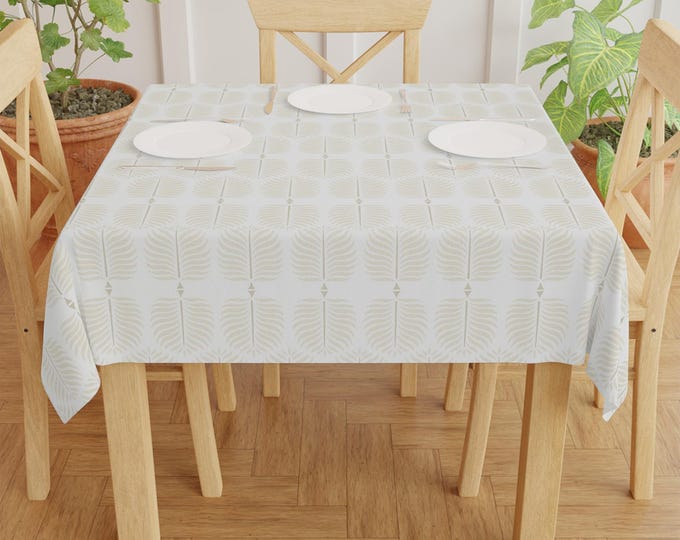Neutral Geometric Leaf Pattern Tablecloth | Minimal Botanical Table Cover