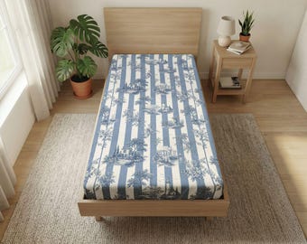 Tweepersoons laken van blauwe toile cottage met strepen | Vintage bloemenhutpatroon