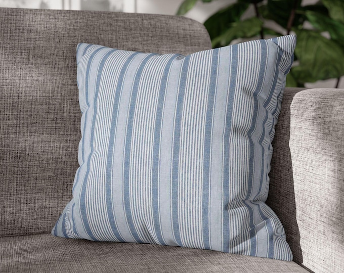 Blue Striped Linen Texture Square Throw Pillow | Cozy Decorative Pinstripe Canvas Accent Cushion (18"x18")