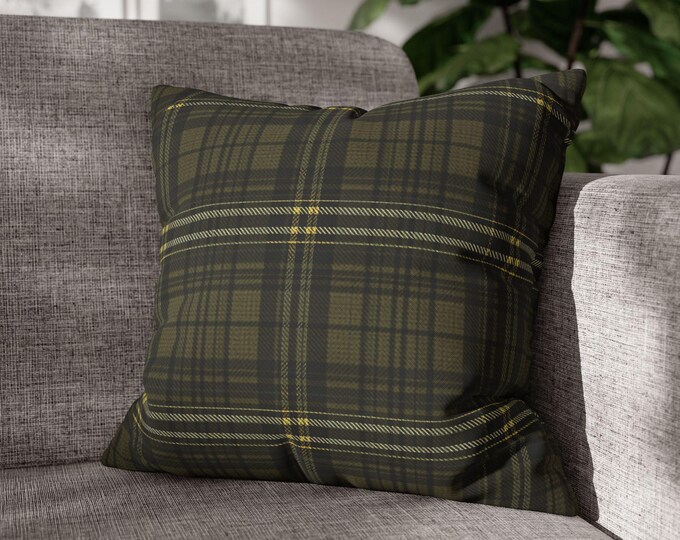 Dark Olive Green Tartan Plaid Square Throw Pillow | Preppy Stripe Pattern Accent Cushion | Cozy Cabin Lodge Cottage Decor (18"x18")