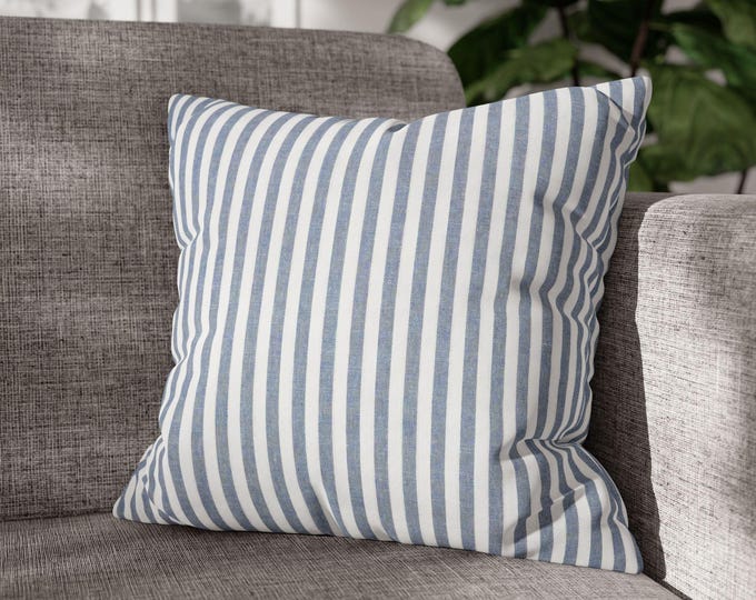 Light Blue & White Preppy Stripe Square Pillow | Coastal Nautical Striped Canvas Accent Cushion (18"x18")