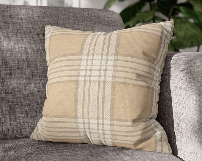 Beige Tartan Plaid Square Throw Pillow | Poly Canvas Cozy Accent Cushion | Preppy Cottagecore Cabin Lodge Decor (18"x18")
