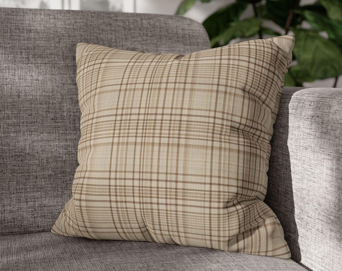 Beige Tartan Plaid Pattern Square Throw Pillow | Neutral Stripe Poly Canvas Accent Cushion | Preppy Cozy Cottagecore Cabin Decor (18"x18")