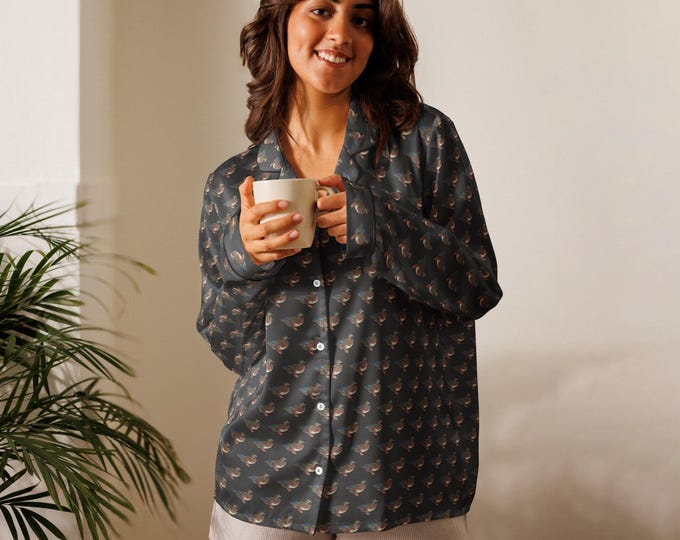 Mallard Duck Print Pajama Top | Silky Polyester Long Sleeve Loungewear