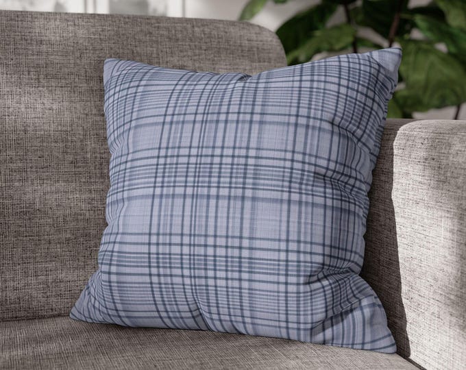 Blue Tartan Plaid Square Throw Pillow | Cozy Poly Canvas Accent Cushion | Preppy Stripe Pattern Cottagecore Lodge Cabin (18"x18")