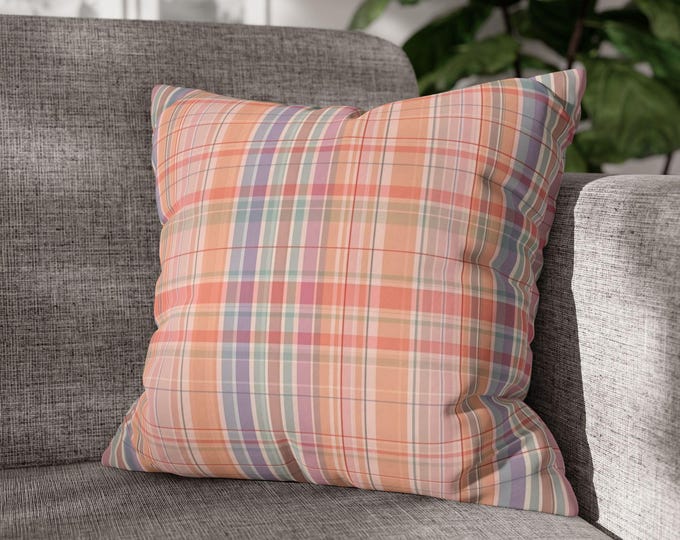 Pastel Tartan Plaid Square Poly Canvas Throw Pillow | Preppy Peach Plaid Accent Cushion (18"x18")