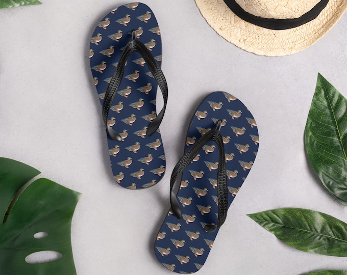 Mallard Reserve Newport Navy Duck Print Flip Flops | Preppy Estate Summer Slippers | Matching Family & Pet | Top Nacch Luxe