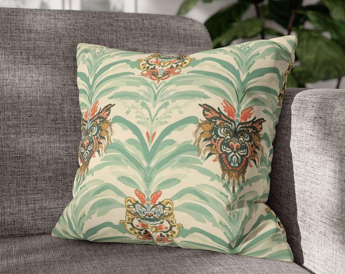 Floral Lion Motif Square Pillow | Botanical Pattern, Tropical Palm Leaves | 18"x18"