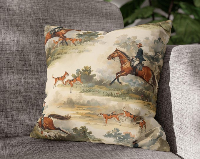 Equestrian Fox Hunt Pillow, Vintage Hunting Scene Cushion, English Country Decor