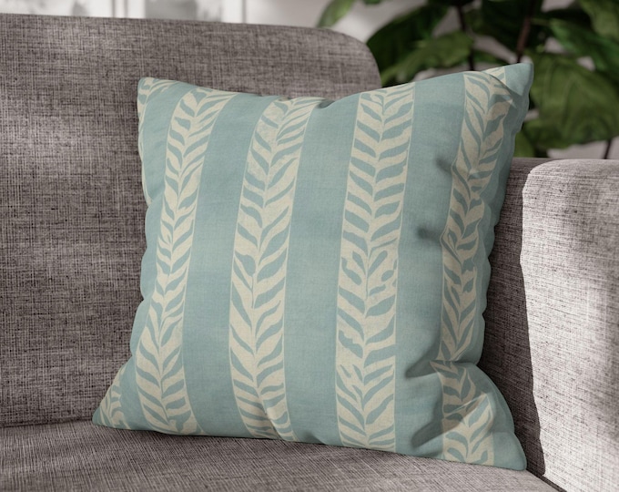 Blue Leaf Stripe Square Pillow | Coastal Pattern Throw Pillow | 18"x18"