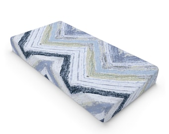 Blue Chevron Brushstroke Baby Changing Pad Cover | Nursery Bedding