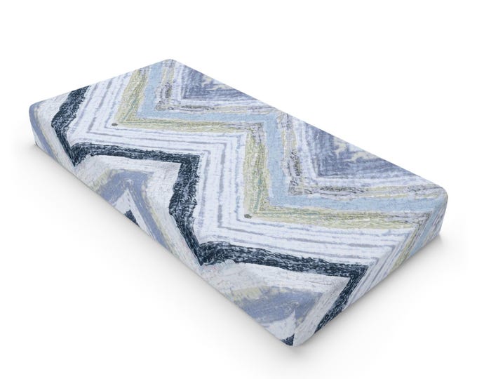 Blue Chevron Brushstroke Baby Changing Pad Cover | Nursery Bedding
